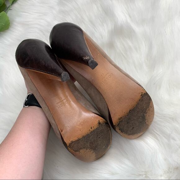 Fossil | Tan Suede Leather Peep Toe Pump Heels Size 9.5 Brown Open Toe Shoes - Picture 10 of 12